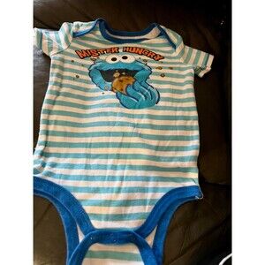 VTG Sesame Street Cookie Monster Striped Blue Bodysuit Size 18 Months 18M